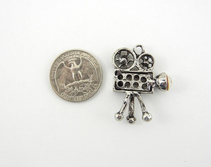 Antique Silver-tone Movie Camera Charm with Rhinestone Accents