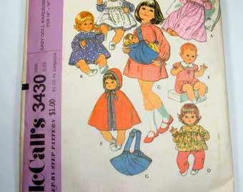 Doll Clothes Pattern, Baby Doll Wardrobe and Carrier, McCall's Pattern 3430, Complete Sewing Pattern, Cape, Uncut, Doll Carrier (13-14)