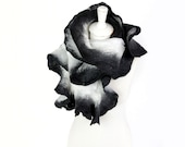 silk scarf, unique black and white scarf, monochrome scarf, silk and felt scarf, stylish silk scarf, bohemian style scarf, layered look