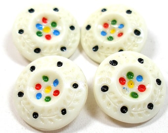 20s Confetti glass buttons, 4 white Czech multi colored polka dots, 18 mm buttons.