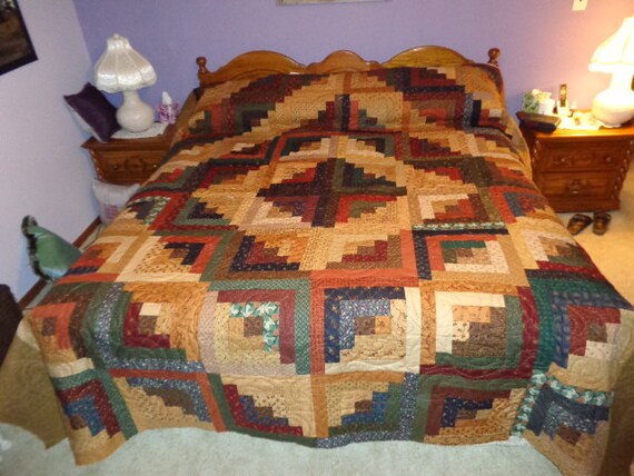 King size Log Cabin Quilt in Browns Creams multiple by grapevine