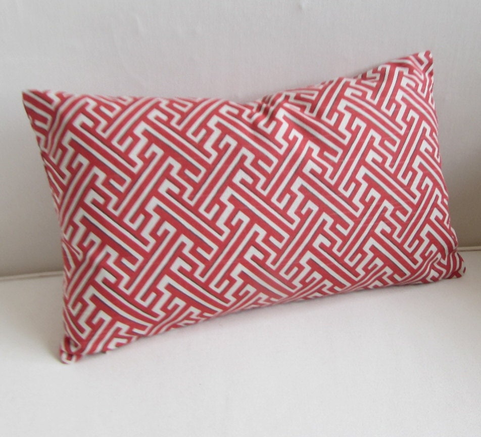 TRELLIS GERANIUM red coral/white lumbar decorative Pillow