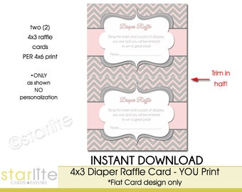 Baby Shower Diaper Raffle Cards - Pink Gray Chevron Diaper Raffle Card - 4x3 Printable Card (2 per 4x6 print) - You Print, Instant Download
