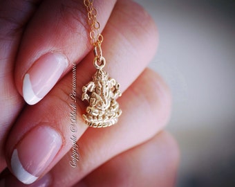 Ganesh Necklace - Natural Bronze Hindu God Ganesha Pendant Charm -14K Gold Filled Delicate Chain - Insurance Included