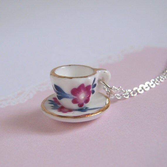 Plum Flower Tea Cup Necklace Miniature Cup Pendant On Silver
