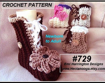 Crochet Baby Booties Pattern - Crochet slippers pattern - baby, child, teen, adult,laced up boots, #729, Emi Harrington Design