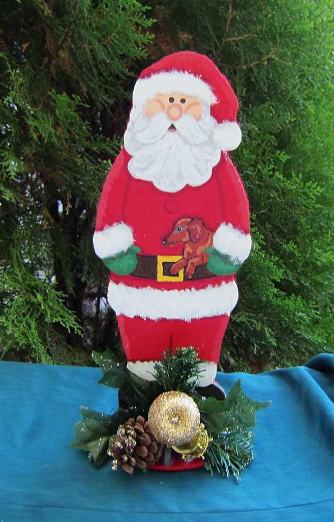 Handpainted Santa Claus Holding a DACHSHUND RED Wood Figure or Centerpiece Decoration 12"