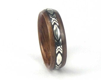 Bentwood Mens Ring Walnut with Patterned Sterling Silver inlay