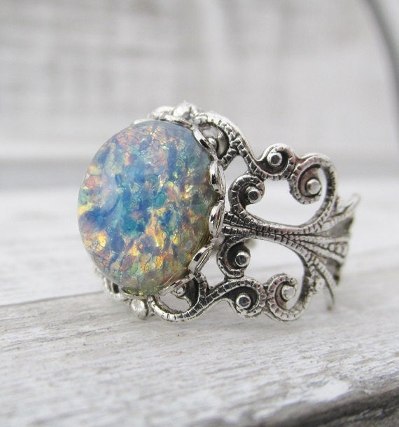 Blue Opal Ring Adjustable Opal Ring Vintage Glass Opal Ring