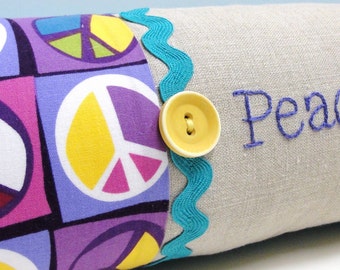 Hand-embroidered pillow " Peace for all" natural linen with cotton, peace