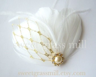 Fascinator Great Gatsby White Feather Ostrich Gold Veil Netting Bridal Clip "Petit Doree"