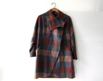 vintage plaid wool coat / women's cape cloak / checkered long coat.