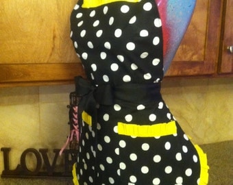 RETRO APRON, Polka Dot Apron, Pin up apron, Pick Your Color Trim, Scotch Guarded