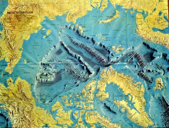 1971 Large Map of the Arctic Ocean Floor / North Pole