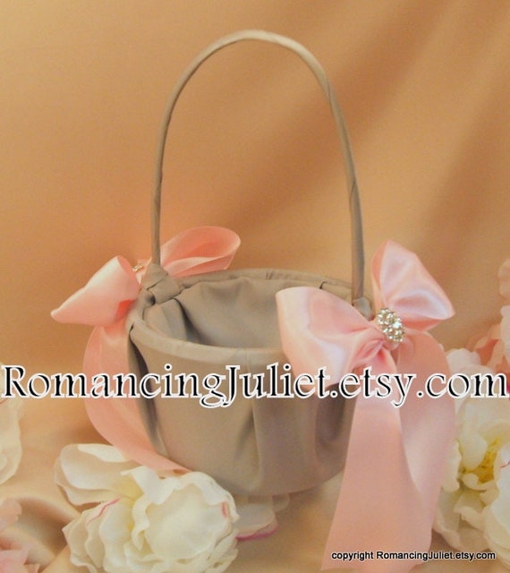 Bridal Satin and Sash Flower Girl Basket..BOGO Half Off...You Choose The Ribbon Colors..shown in silver gray/pale pink