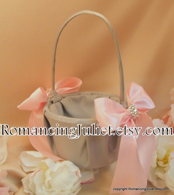 Bridal Satin and Sash Flower Girl Basket..BOGO Half Off...You Choose The Ribbon Colors..shown in silver gray/pale pink