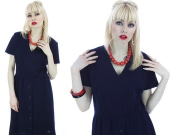 70s Wool Dress 60s Vintage A-line Navy Blue Knit Buttons Sixties Mad Men 1960s 1970s M Medium Large L