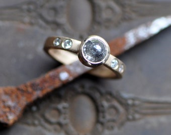 rose cut diamond ring with flush set brilliant cut diamond, 14k gold engagement ring, April birthstone