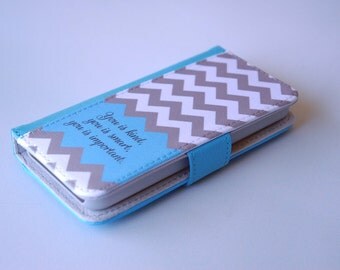 Personalized Phone Case, iPhone Wallet Case, Movie Quote, Inspirational, Help, Gray, White Chevron with Teal Peek a Boo Color Accent, 6s