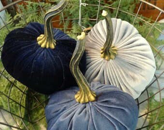 Scented Velvet Pumpkins, SET of 3: Navy, Blue, and Gray