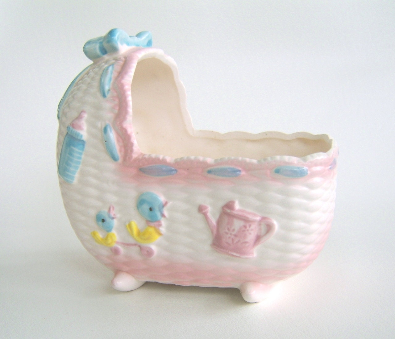 Vintage Ceramic Nursery Planter Baby Cradle Pink Blue