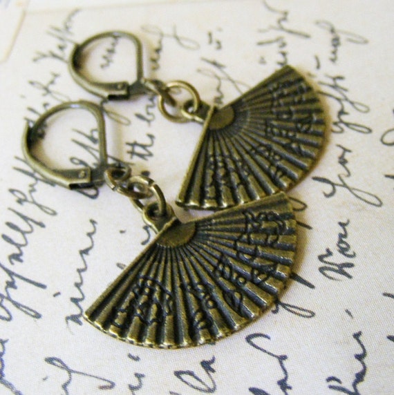 Chinese Fans Dangle Earrings Antique Brass by meiguidesigns