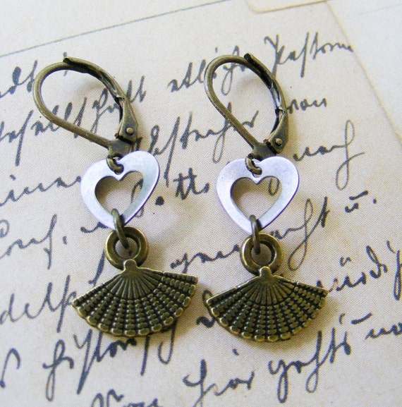 Tiny Chinese Fan and Heart Dangle Earrings by meiguidesigns