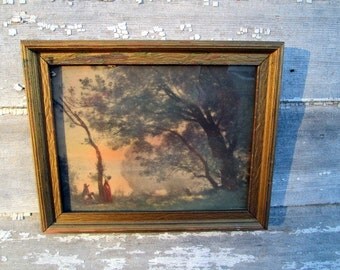 Antique Lithograph Print Woman and children gathering from a tree at Sunset