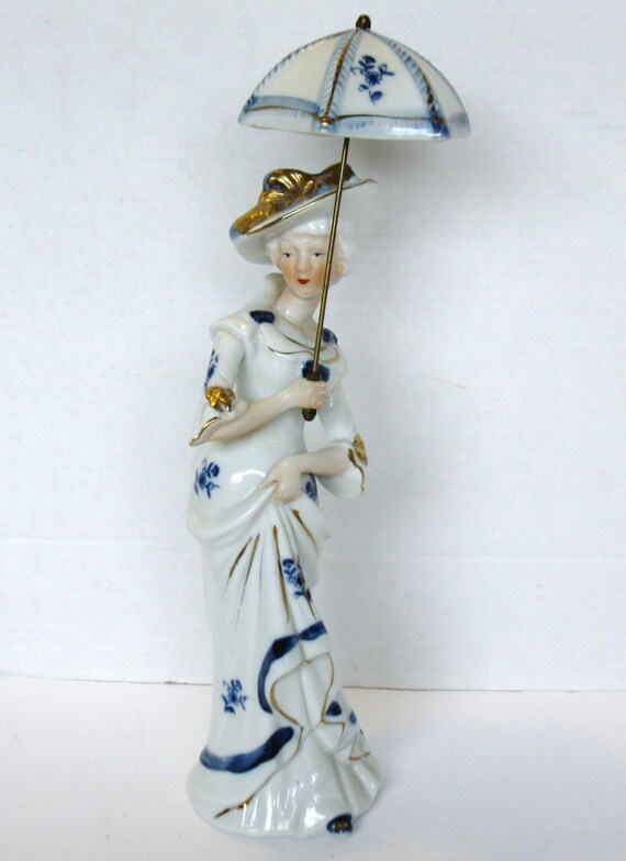 Vintage Porcelain VICTORIAN WOMAN Figurine with Umbrella