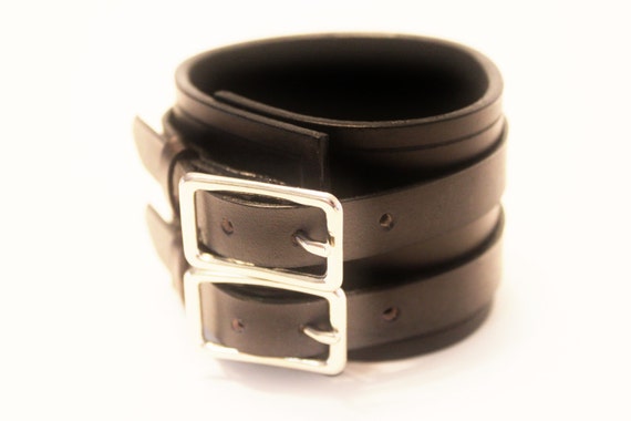 Items similar to Black Leather Cuff Bracelet Adjustable with Buckles ...