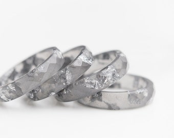 Resin Stacking Ring Glacier Gray Silver Flakes Small Faceted Ring OOAK gray minimalist jewelry neutral
