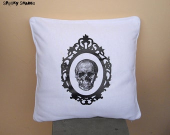 Baroque Skull black & white 16" x 16" throw pillow cover - skull decor, gothic decor, anatomy, cameo, baroque frame, cushion, accent pillow