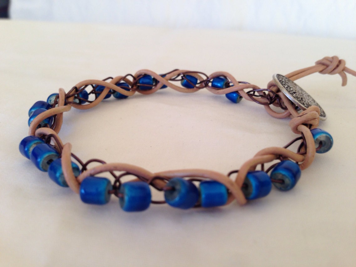 Blue lapis colored bracelet leather wrap friendship bracelet
