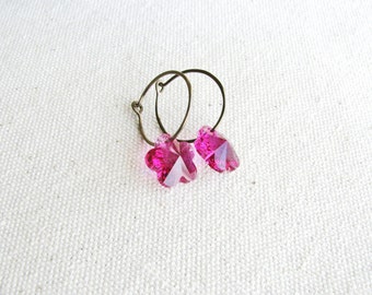 Flower Earrings Dangles Hot Pink Crystals Hand-formed Hammered Sleeper Hoops Botanical Jewelry Minimalist Garden Gift