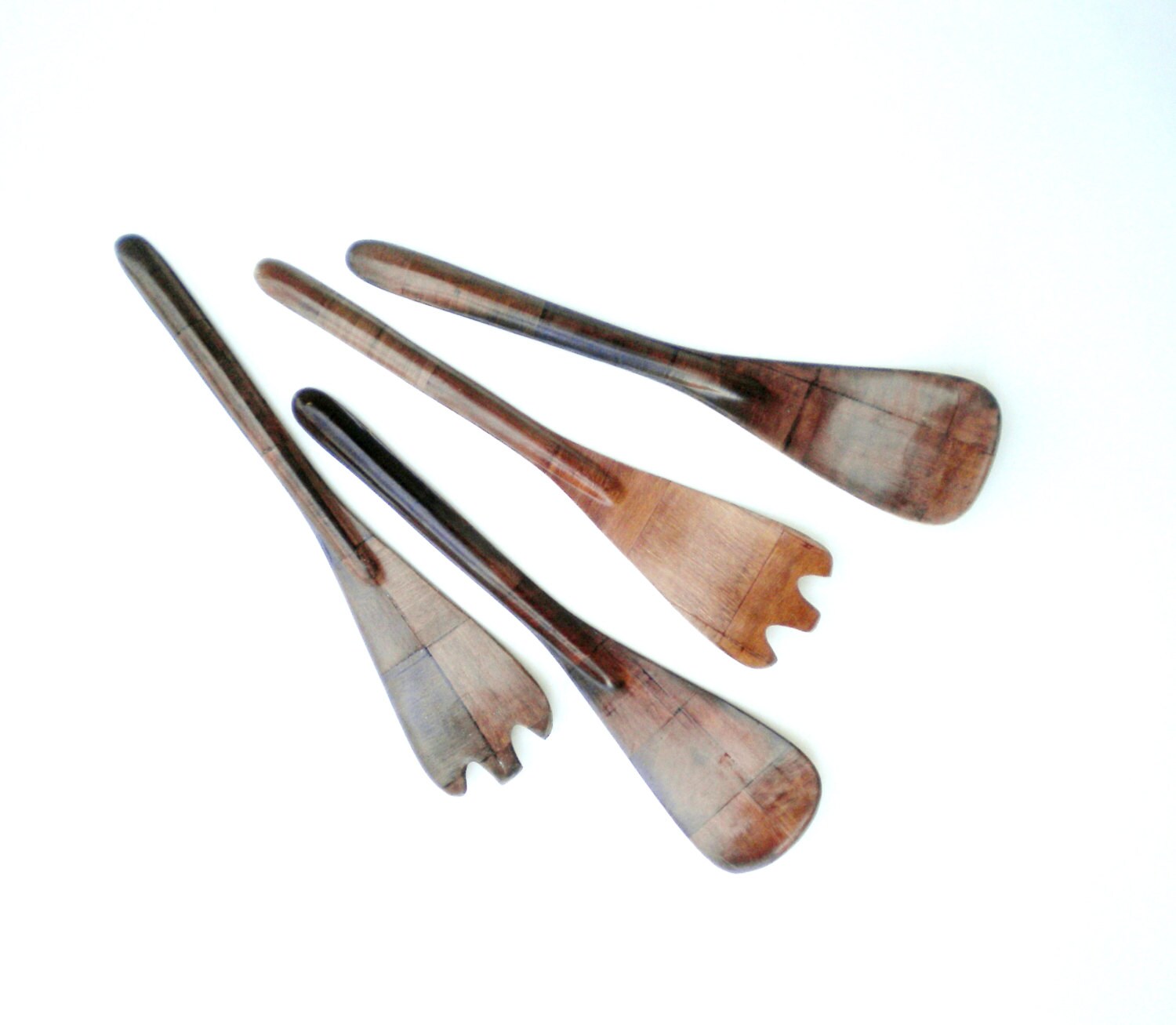 Pressed Woven Wood Salad Forks and Paddles Vintage 1970s