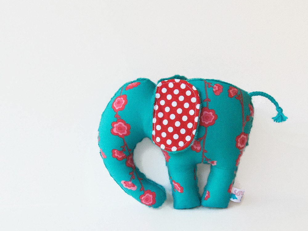 Coral and Turquoise Stuffed Elephant Teal Plush Animal