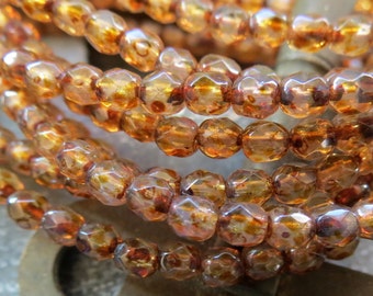 SALE Rustic Rounds . CZECH Faceted Picasso Glass Beads . 4 mm . 50 beads