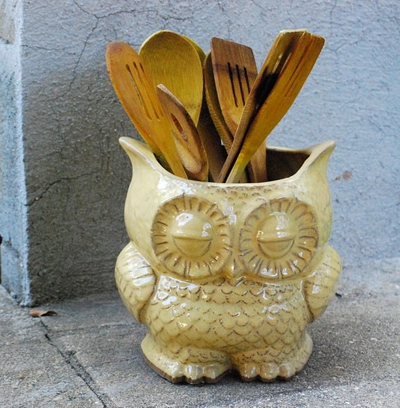 ceramic owl planter utensil holder large vintage style home