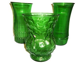 3 Vintage Emerald Green Glass Vases Instant Collection