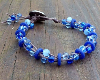 Bright Blue Glass Bracelet - Blue Glass Beads, Brown Hemp, Multi Strand Bracelet, Size Small