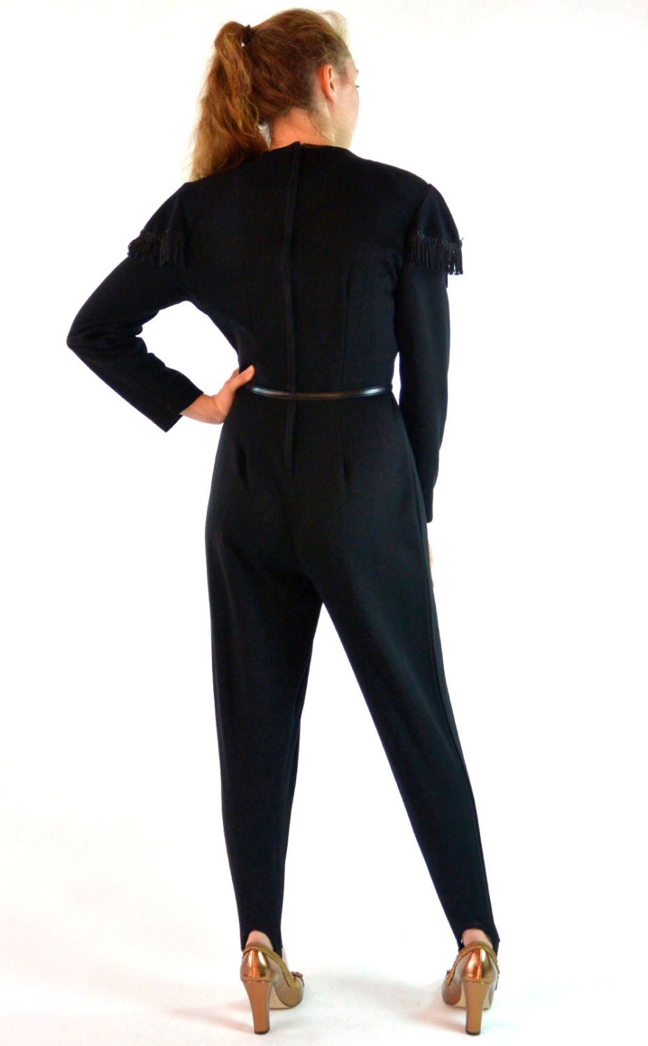 Vintage 80s Womens Jumpsuit STIRRUP Pants Black Party Jumpsuit