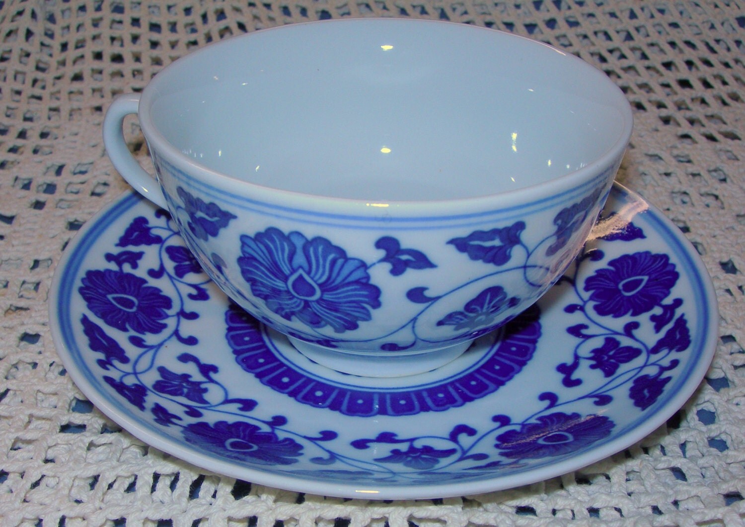 Blue and White Tea Cups and Saucers Made in by susustuffandsuch