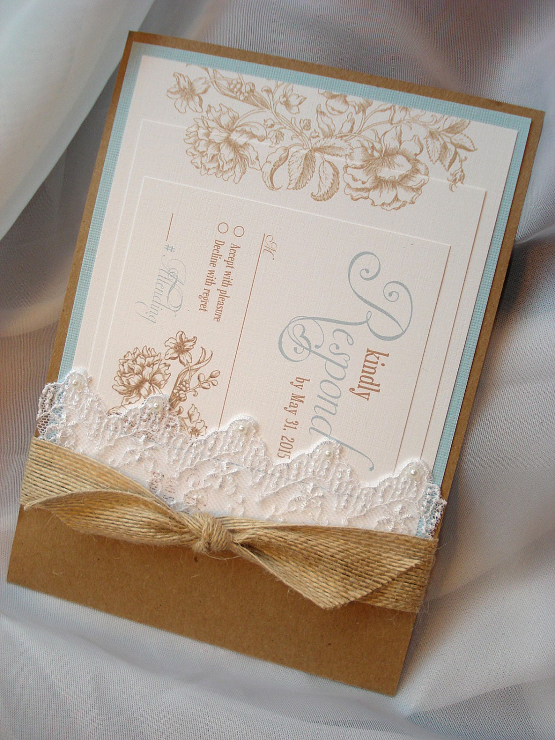 White Pearl Burlap And Lace Pocket Wedding Invitation Sample