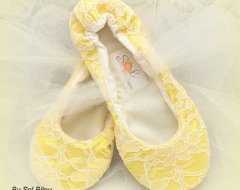 Yellow Ballet Flats, Ivory, Elegant Wedding, Lace Flats, Wedding Reception, Ballet Slippers, Flower Girl Shoes,Lace up, Lace, Summer Wedding