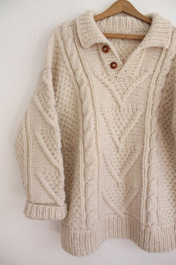 Vintage 70s Men's Ivory Chunky Cable Knit Pullover Sweater