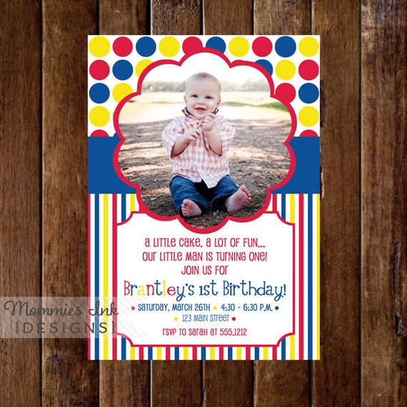 Primary Colors Dots and Stripes Photo Birthday Invite - PRINTABLE INVITATION DESIGN Il_570xn