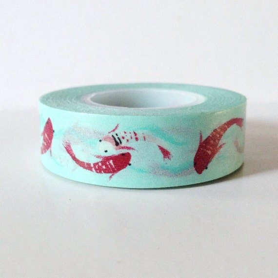 Koi Fish Washi Tape Red on Light Aqua Blue Paper Tape