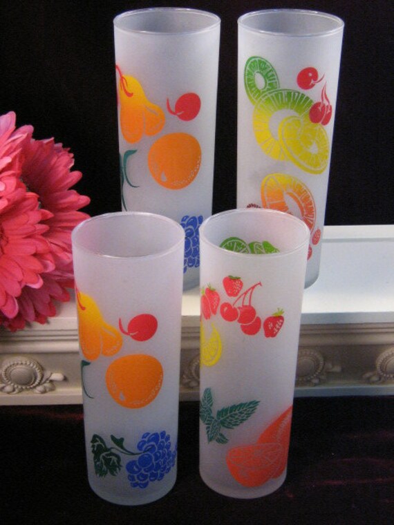 Vintage Federal Glass Frosted Fruit Tall Tumblers Glasses Set