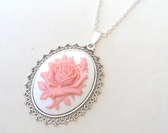 English Rose Necklace, Flower Necklace, Rose Cameo Necklace, Pink Rose Necklace in Silver or Bronze