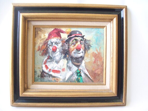 vintage clown oil painting framed signed by RecycleBuyVintage